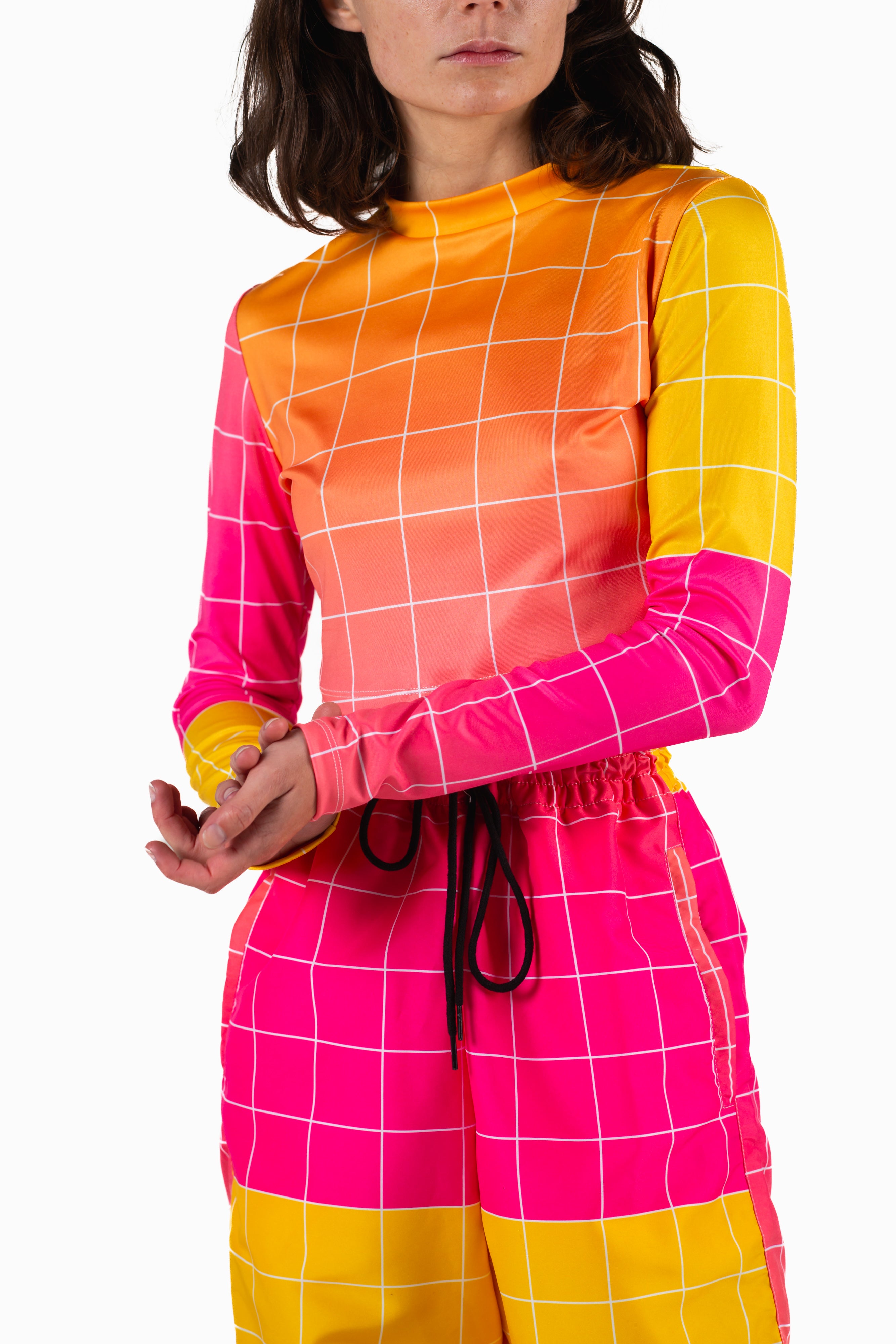 Ombre Grid Peach Sunset Cropped Mockneck